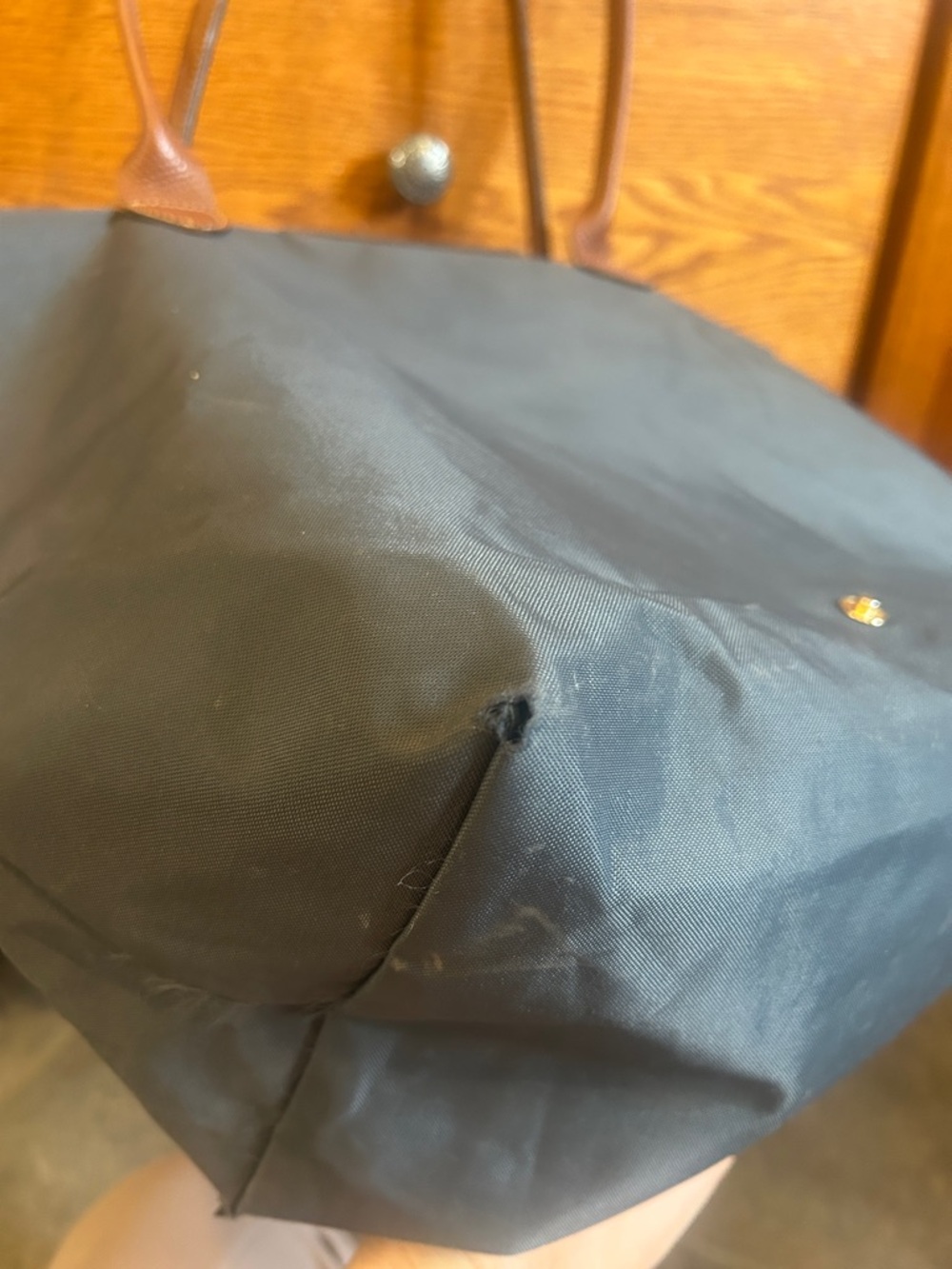 Longchamp Le Pliage Navy Tote with Brown Leather Trim - Picture 5 of 13